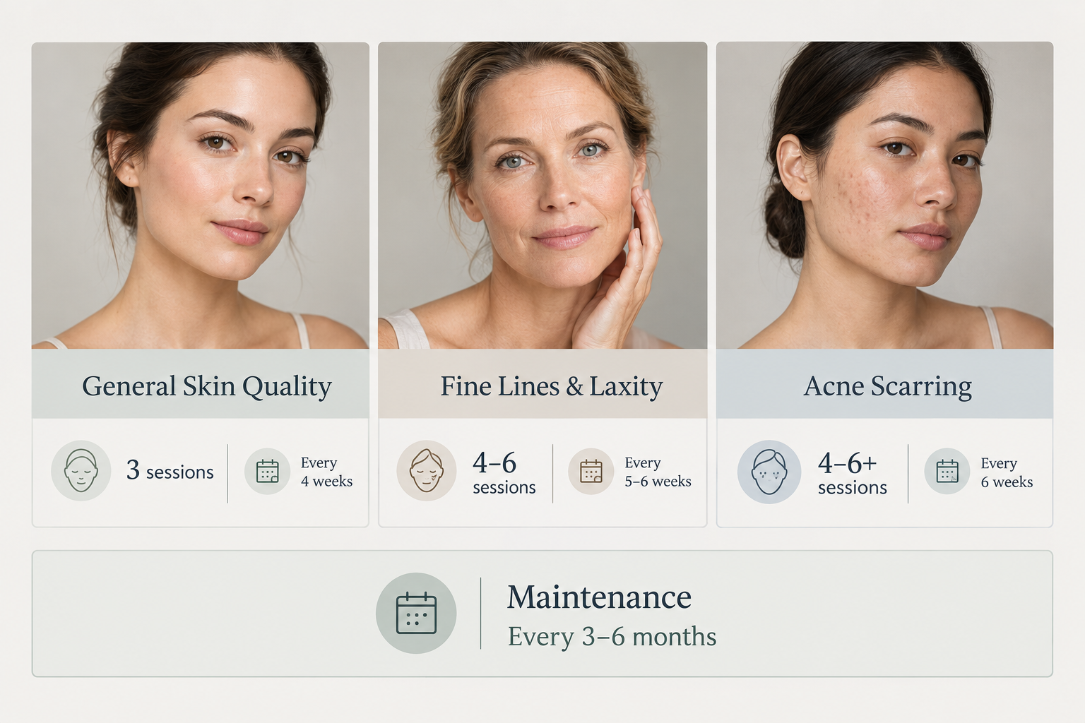 Microneedling treatment frequency guide by skin concern infographic