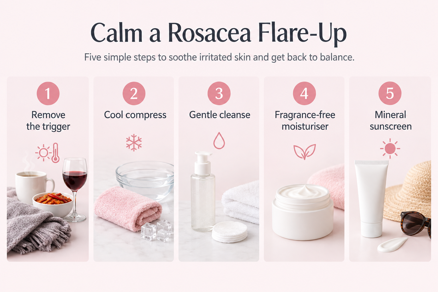 Five immediate steps to calm a rosacea flare-up infographic