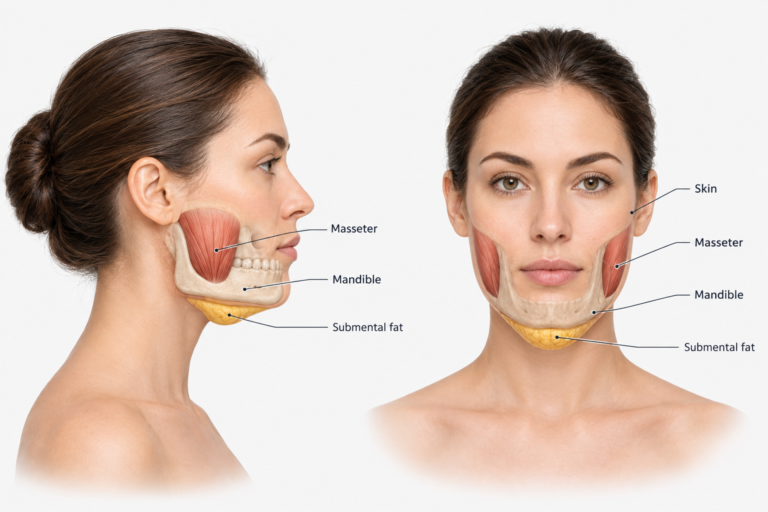 Illustration of jawline anatomy showing bone structure, masseter muscle and submental fat