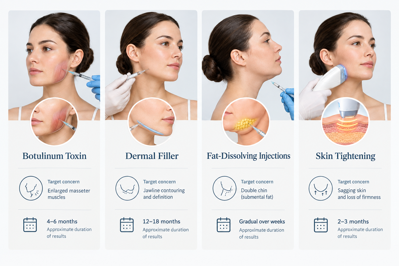 Infographic comparing four non-surgical jawline treatments and their target concerns