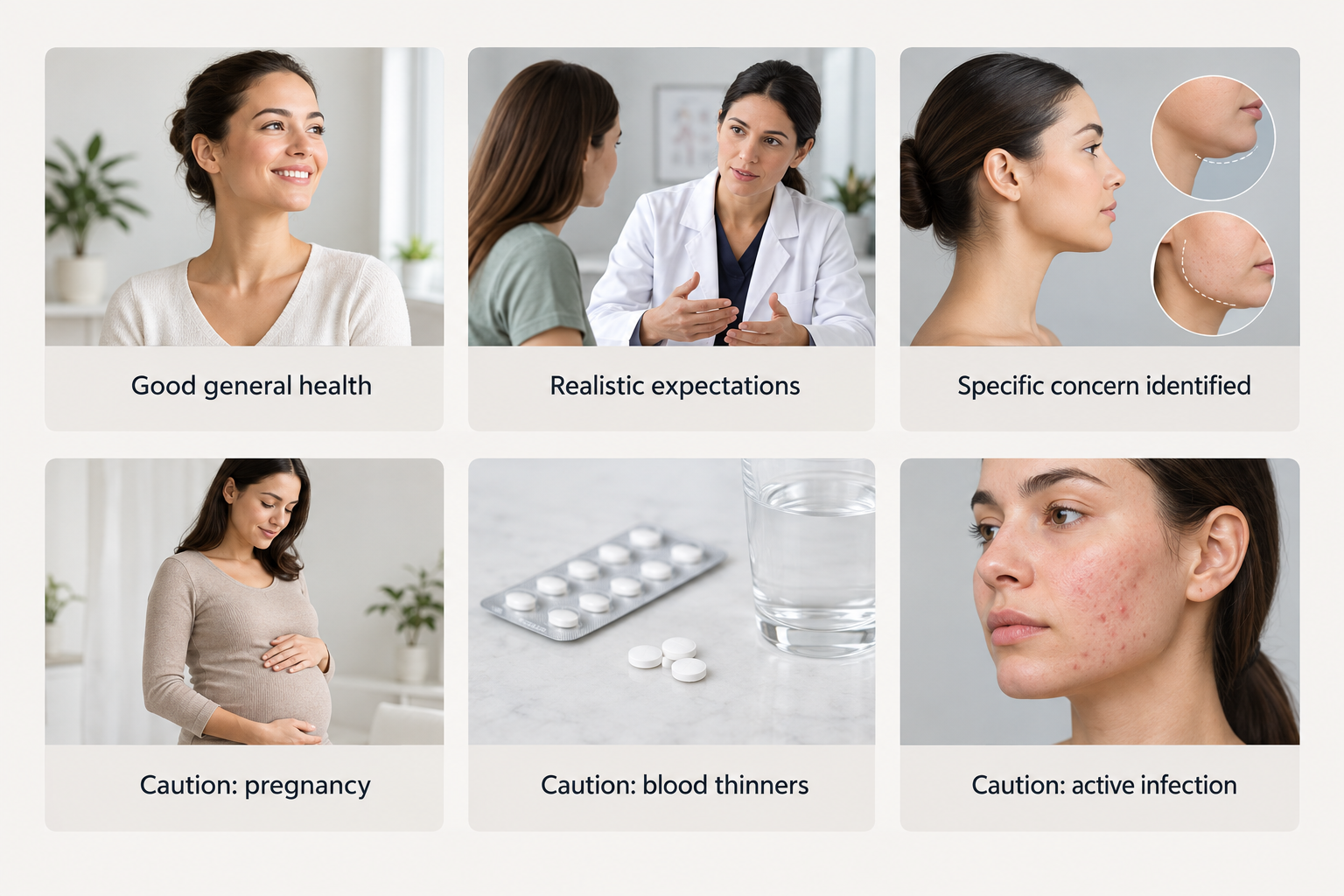 Fact cards summarising suitability factors for non-surgical jaw-defining treatments