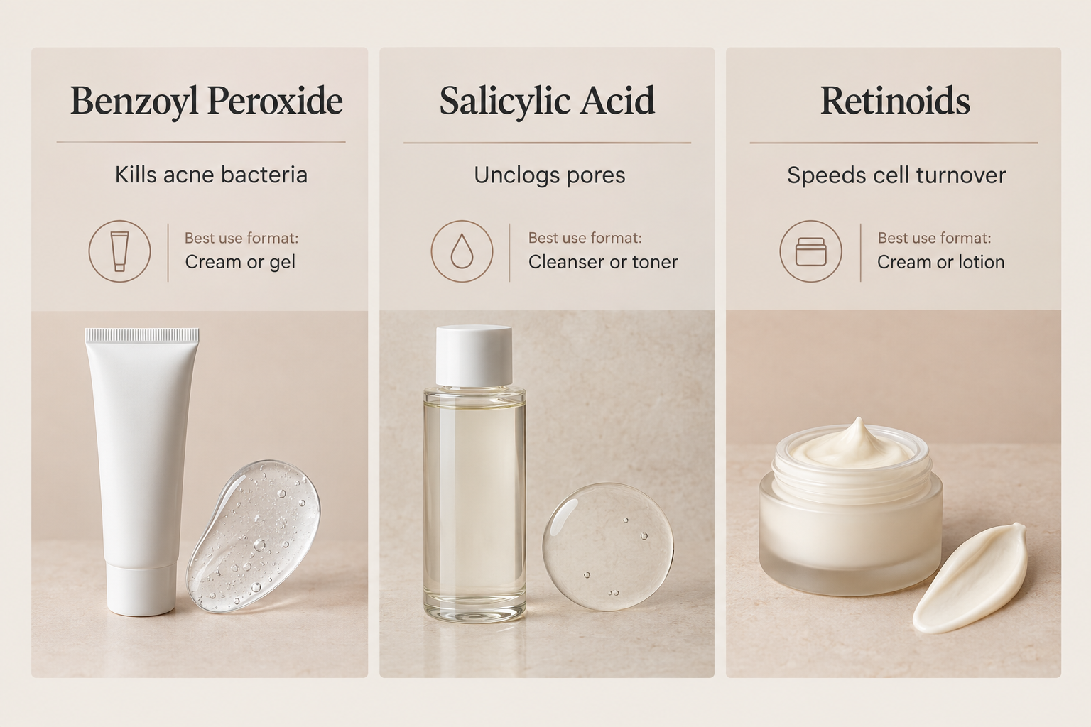 Infographic comparing benzoyl peroxide, salicylic acid and retinoids for back acne treatment
