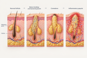Illustration of back acne formation showing follicle blockage, sebum and bacterial inflammation