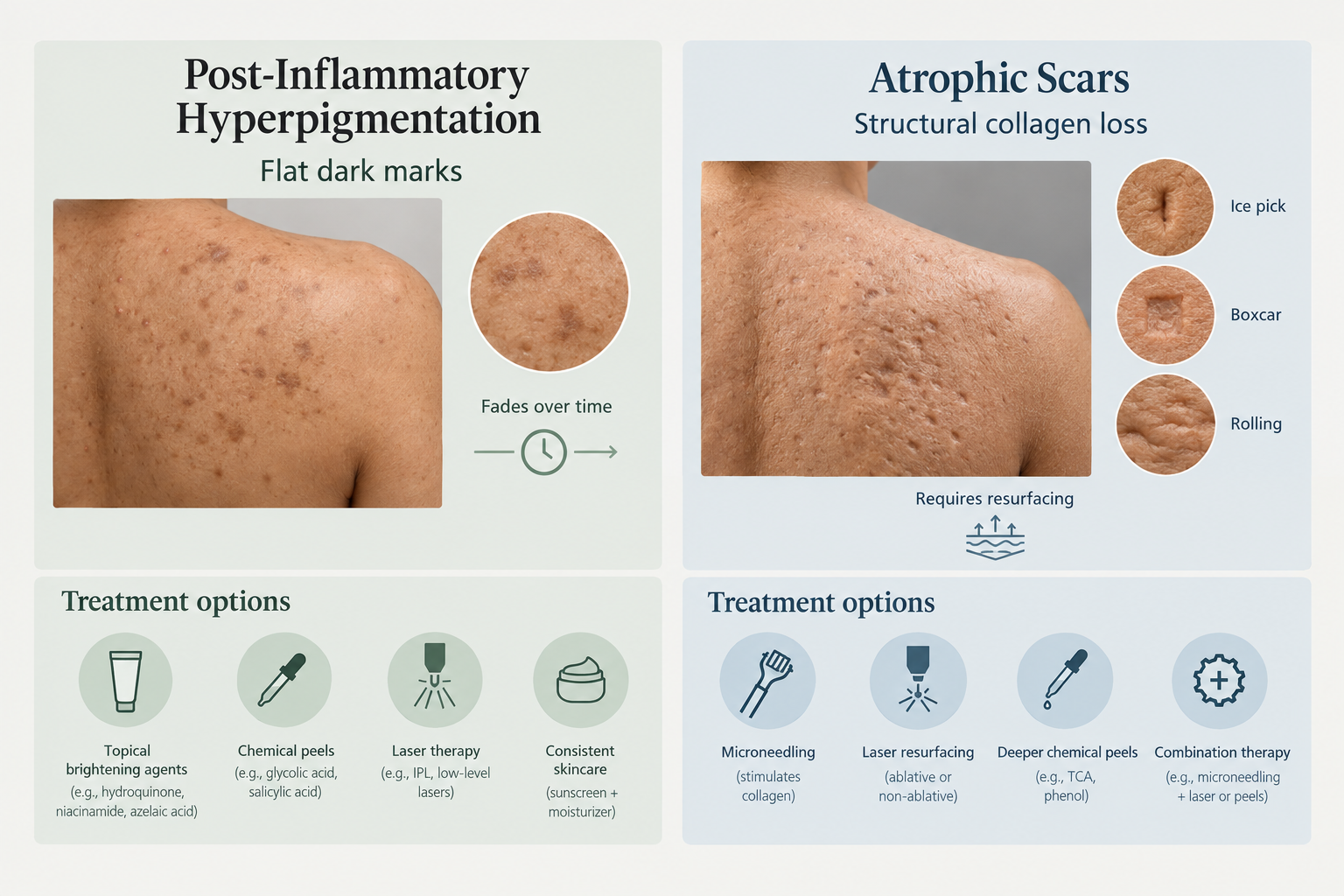 Infographic showing difference between post-acne hyperpigmentation and atrophic acne scars on the