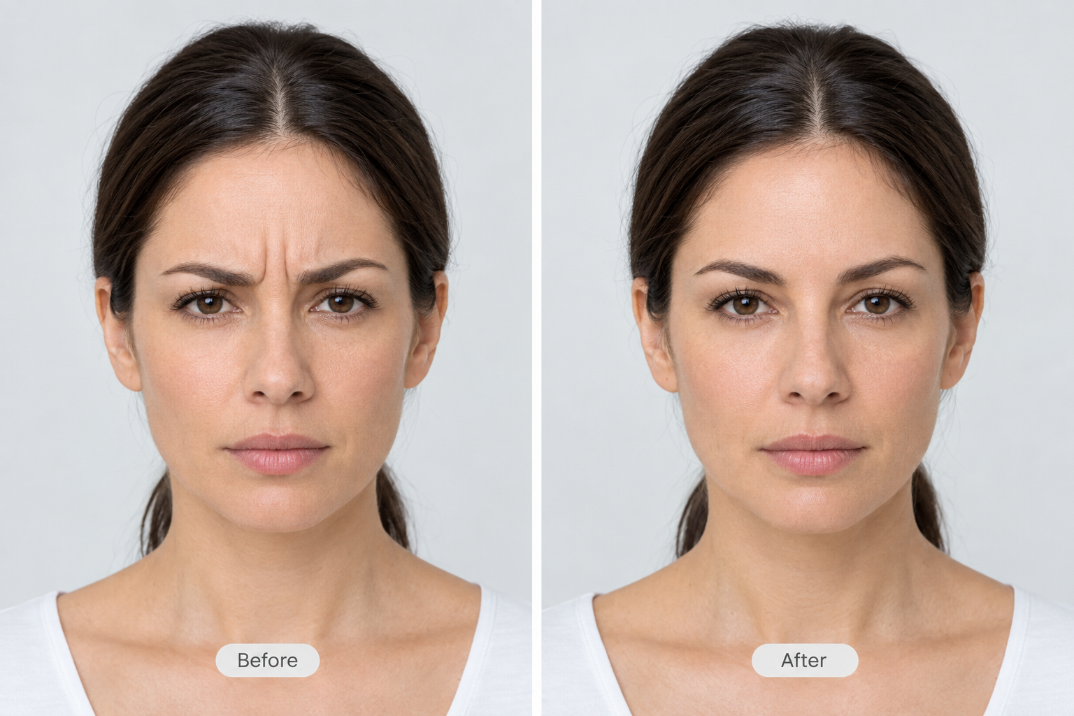 Before and after comparison showing softened frown lines following botulinum toxin treatment