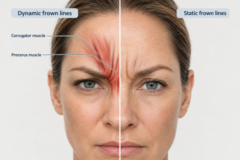 Illustration of dynamic and static frown lines in the glabellar region with muscle anatomy