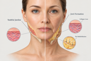 Illustration showing how jowls form due to collagen loss, fat descent, and reduced jawline support