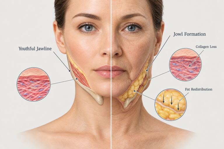 Illustration showing how jowls form due to collagen loss, fat descent, and reduced jawline support