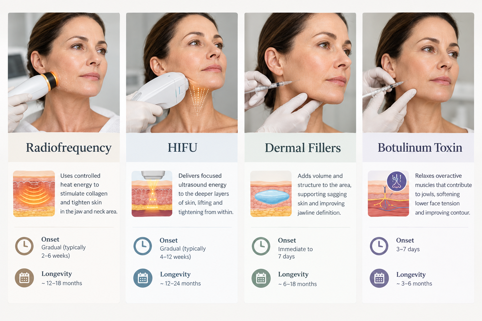 Comparison of non-surgical jowl treatments including radiofrequency, HIFU, fillers, and botulinum