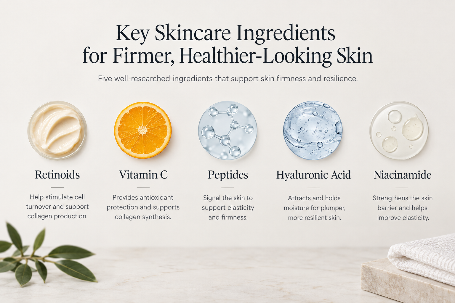 Infographic of five skincare ingredients that may support skin firmness and collagen production
