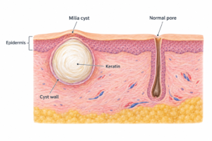 Medical illustration showing a milia cyst beneath the skin surface compared to a normal pore