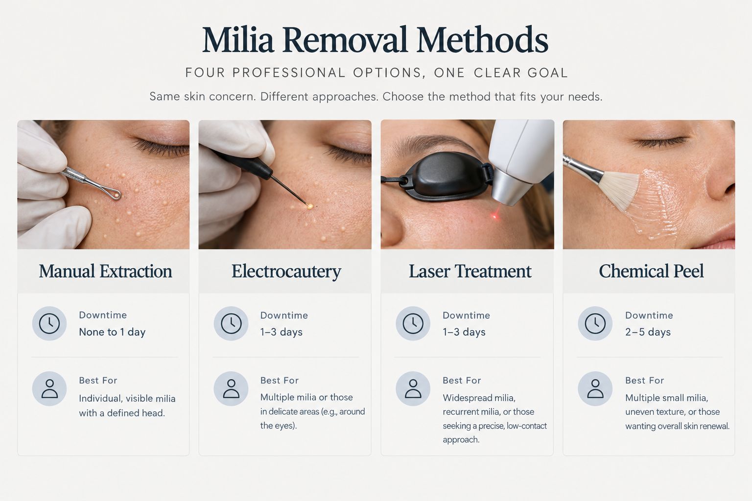 Infographic comparing professional milia removal methods including extraction, electrocautery
