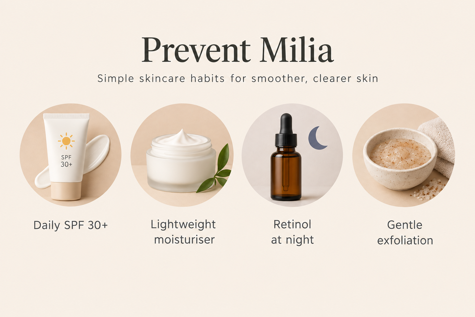 Milia prevention tips infographic showing SPF use, lightweight skincare, retinol and gentle