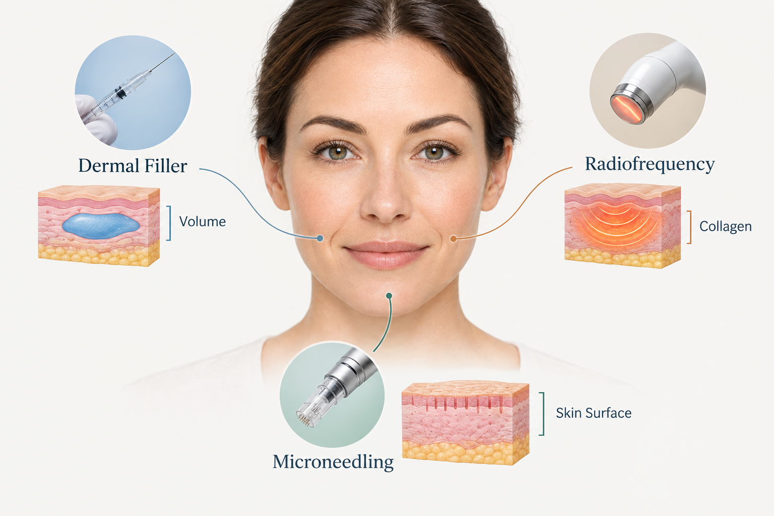 Infographic showing combined smile line treatments including filler, radiofrequency and
