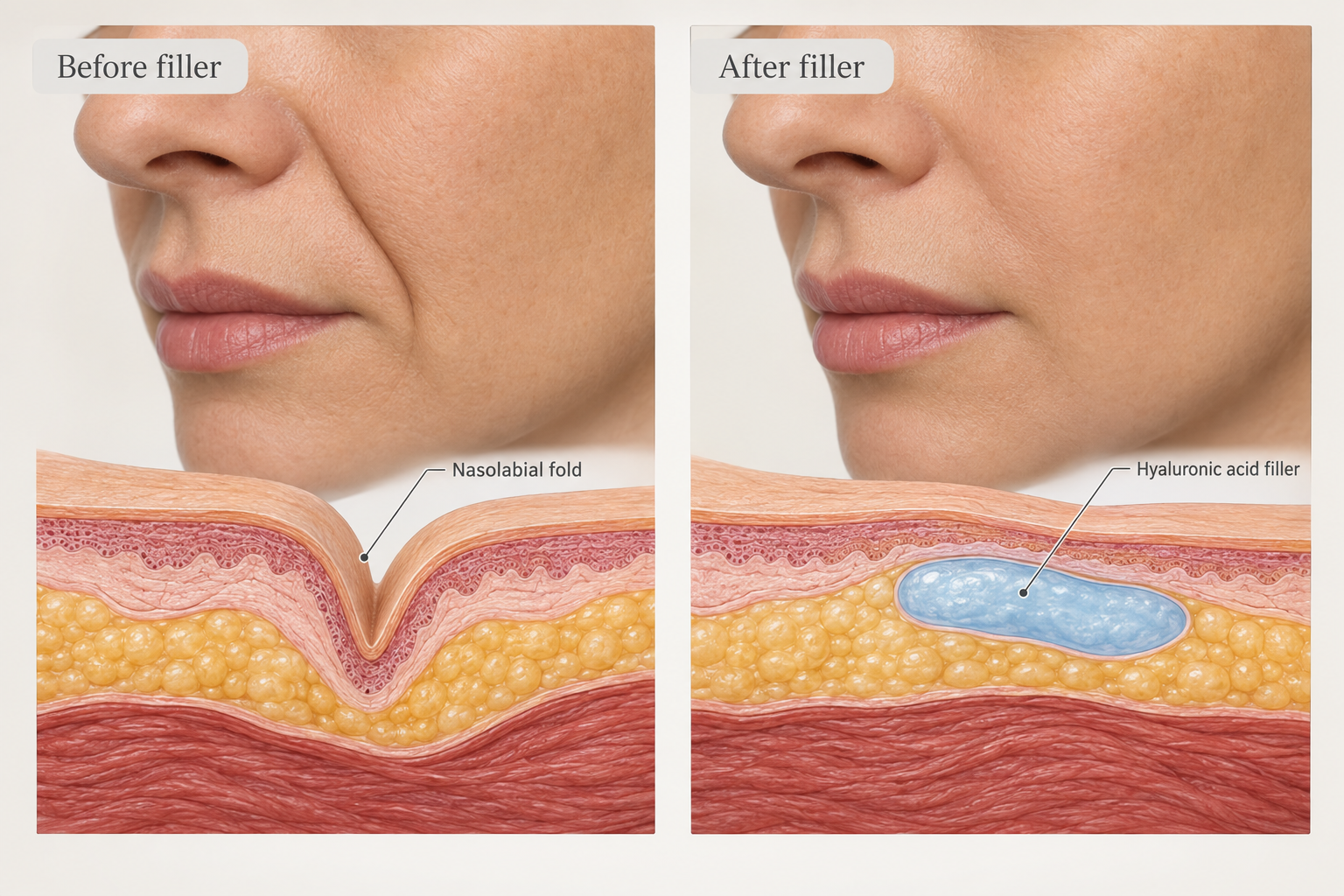 Diagram comparing nasolabial fold before and after hyaluronic acid dermal filler treatment