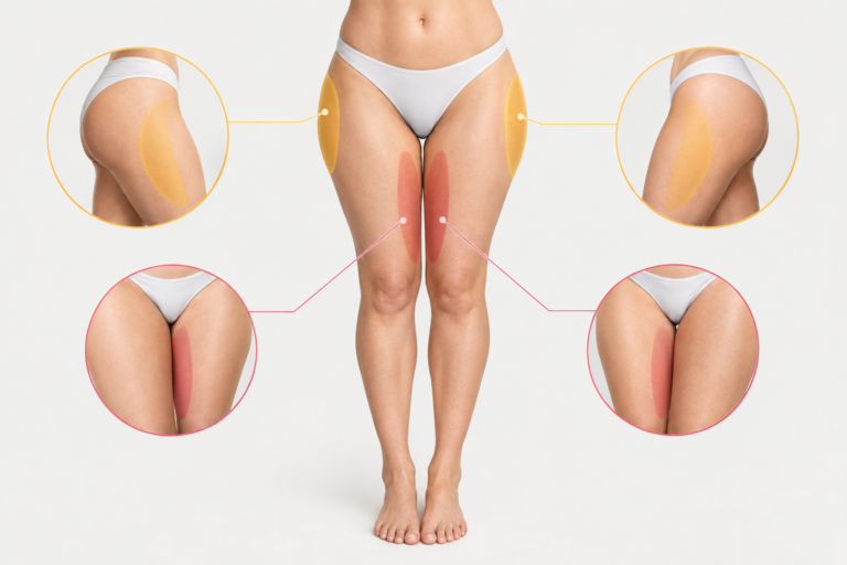 Illustration showing common thigh fat areas including inner thigh and outer saddlebag zones