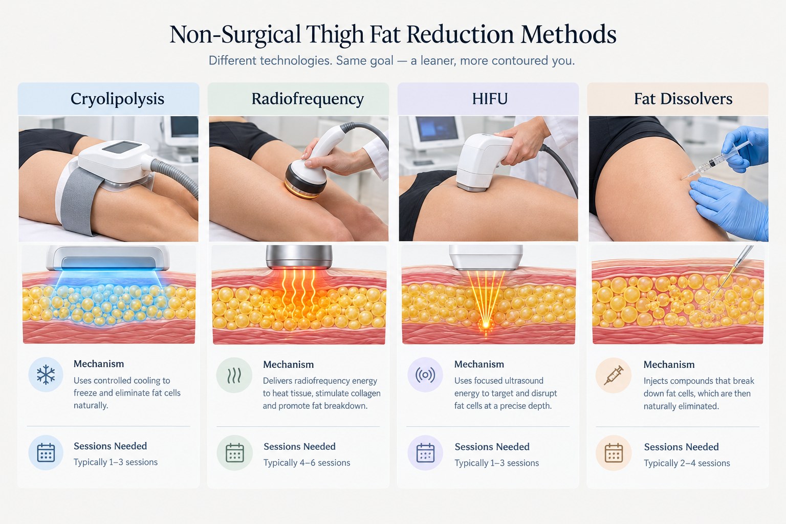 Comparison of non-surgical thigh fat reduction treatments including cryolipolysis, radiofrequency