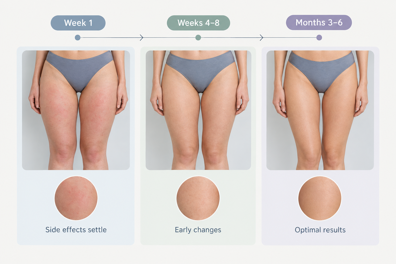 Timeline showing when results from non-surgical thigh fat reduction treatments typically become