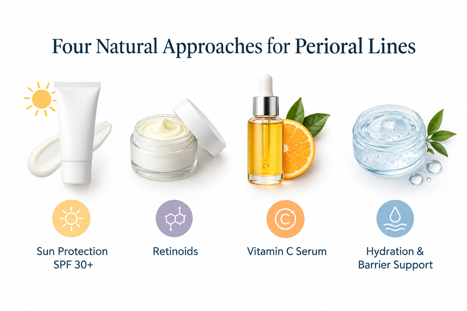 Infographic of natural skincare approaches for vertical lip lines including SPF retinoids and