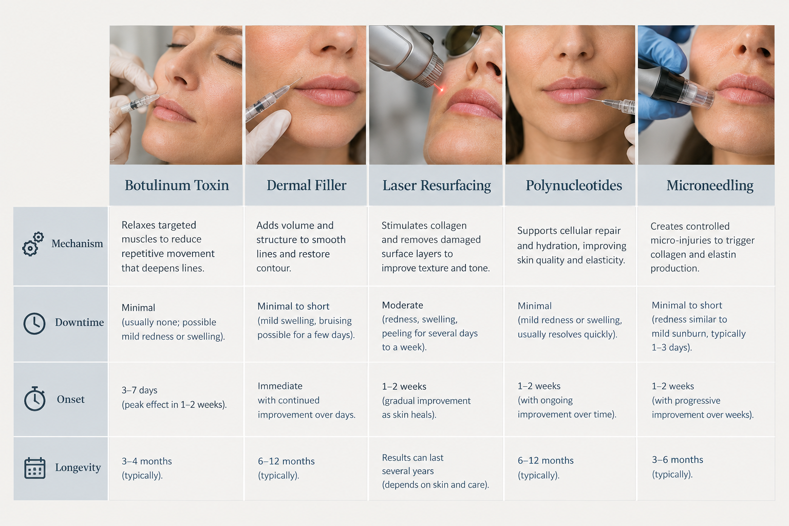 Comparison chart of clinical treatments for vertical lip lines showing downtime onset and longevity