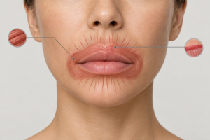 Illustration of vertical lip lines and perioral anatomy showing orbicularis oris muscle