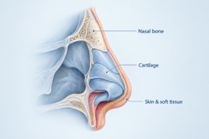 Diagram showing nasal bone and cartilage anatomy explaining why nose size cannot be reduced at home