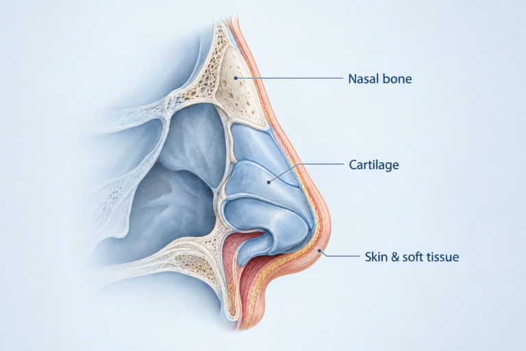 Diagram showing nasal bone and cartilage anatomy explaining why nose size cannot be reduced at home