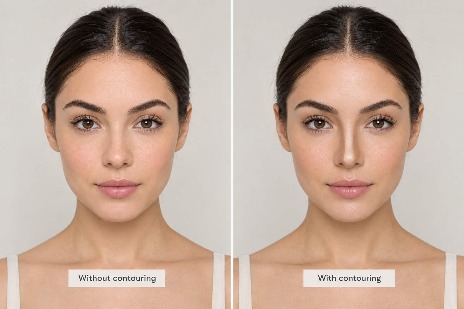 Makeup contouring technique showing how shading and highlight can create the illusion of a slimmer