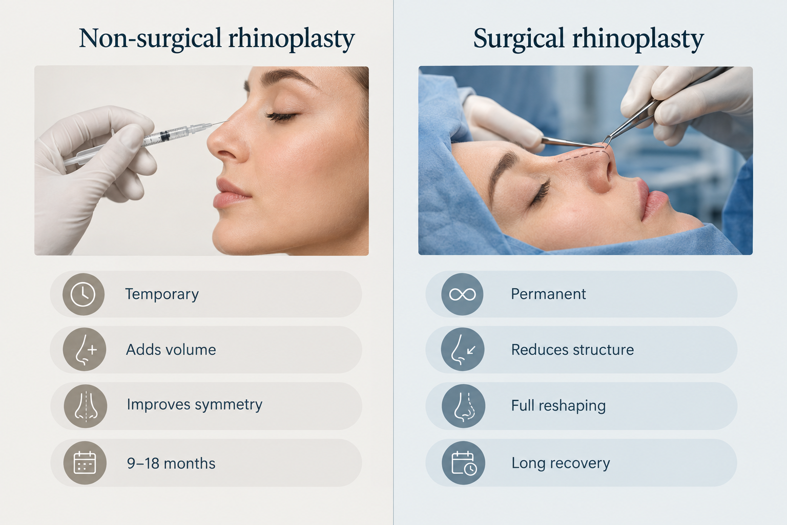 Comparison of non-surgical rhinoplasty with filler versus surgical rhinoplasty showing key