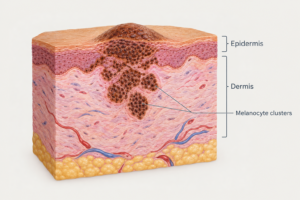 Cross-section illustration of a skin mole showing melanocyte clusters in the dermis