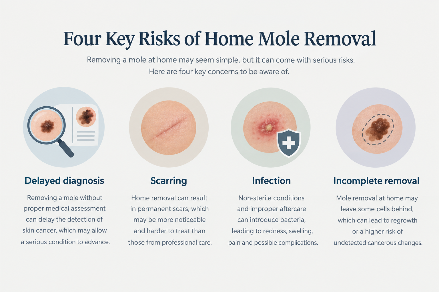 Infographic showing four risks of home mole removal including delayed diagnosis and scarring