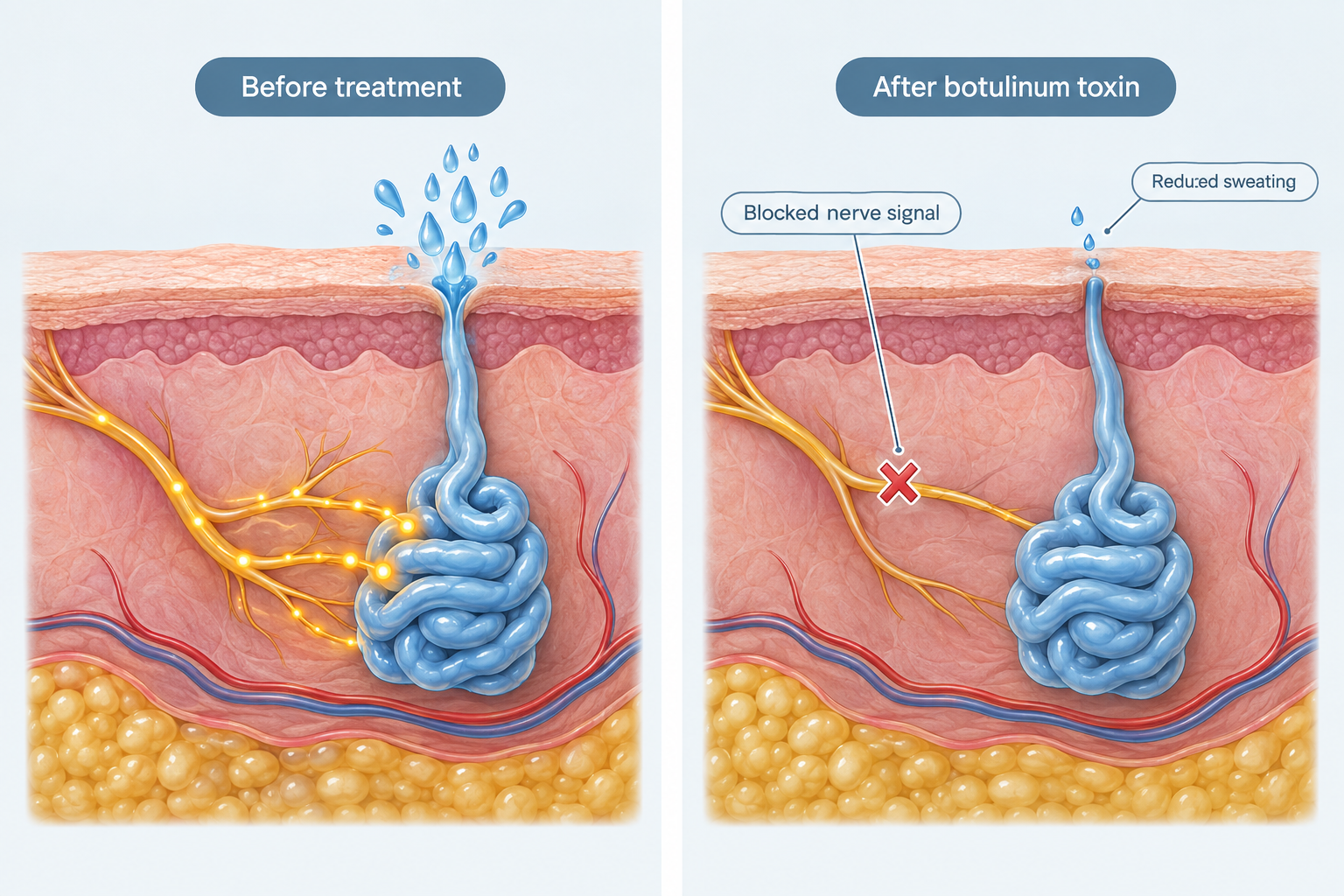 Diagram comparing overactive sweat gland before and after botulinum toxin treatment for
