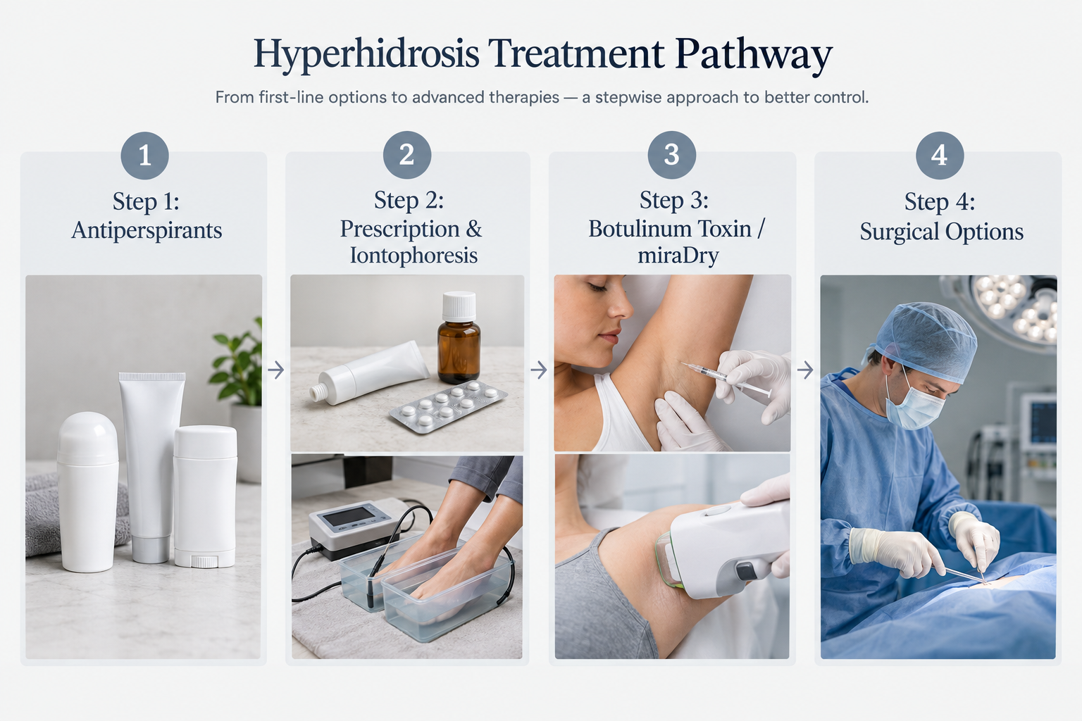 Stepwise treatment pathway infographic for managing excessive sweating and hyperhidrosis