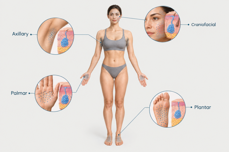 Illustration of the body showing common areas affected by excessive sweating and hyperhidrosis