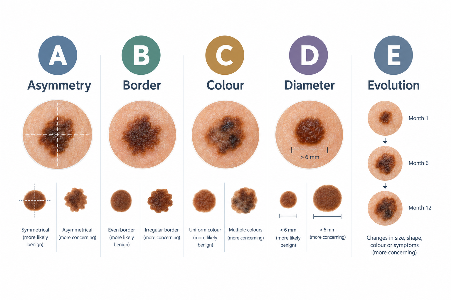 ABCDE criteria infographic for identifying suspicious mole changes requiring medical review