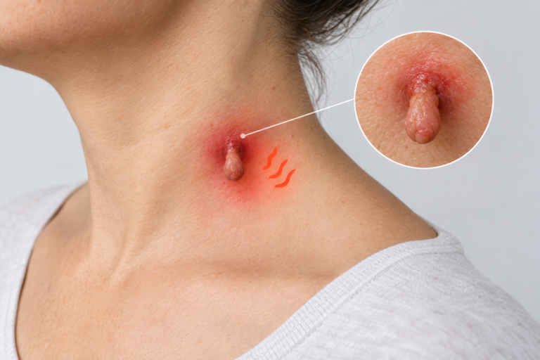 Illustration of an infected skin tag showing redness and swelling at the base