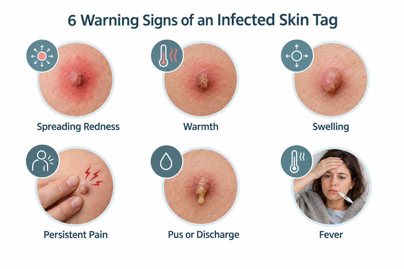 Infographic showing six signs of an infected skin tag including redness, swelling and discharge