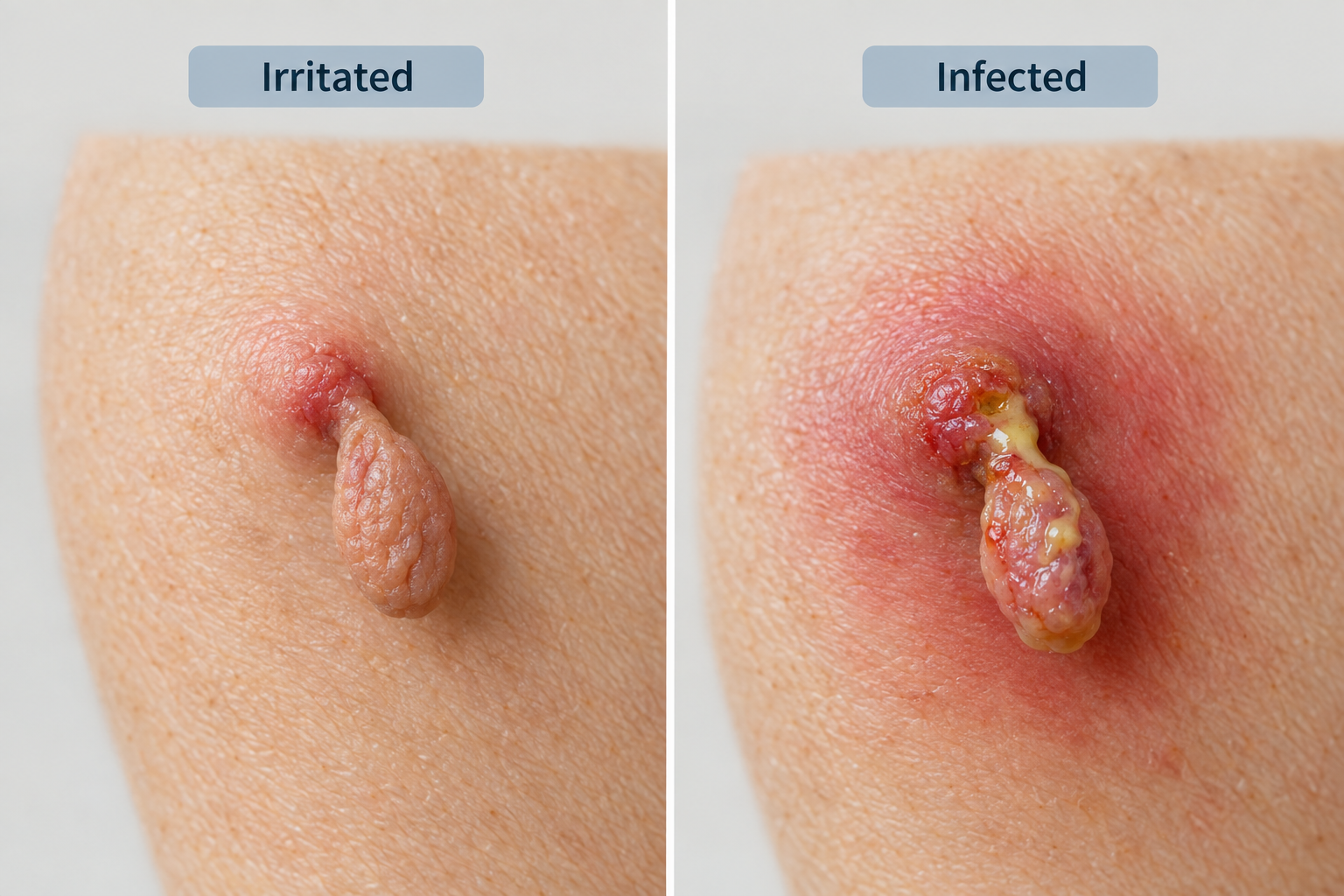 Comparison illustration of an irritated skin tag versus an infected skin tag with key differences