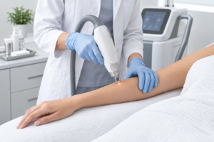 Laser skin treatment being performed in a professional clinical setting