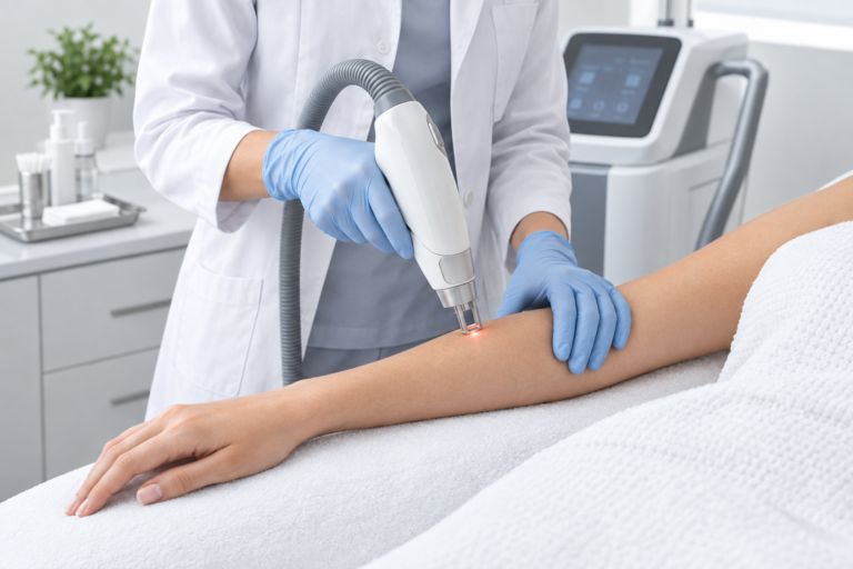 Laser skin treatment being performed in a professional clinical setting