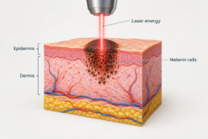 Diagram showing how laser energy targets pigmented mole cells in the skin layers