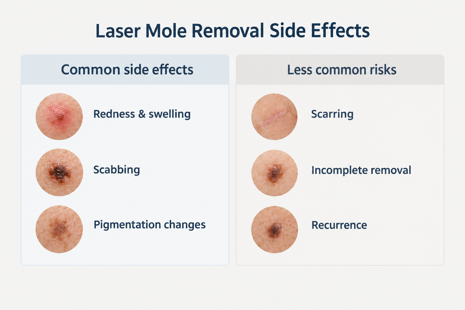 Infographic summarising common and less common side effects of laser mole removal
