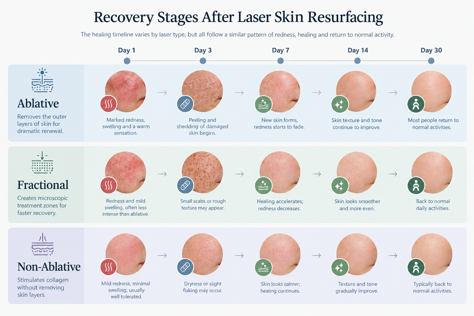 Recovery timeline infographic for ablative, fractional and non-ablative laser skin resurfacing