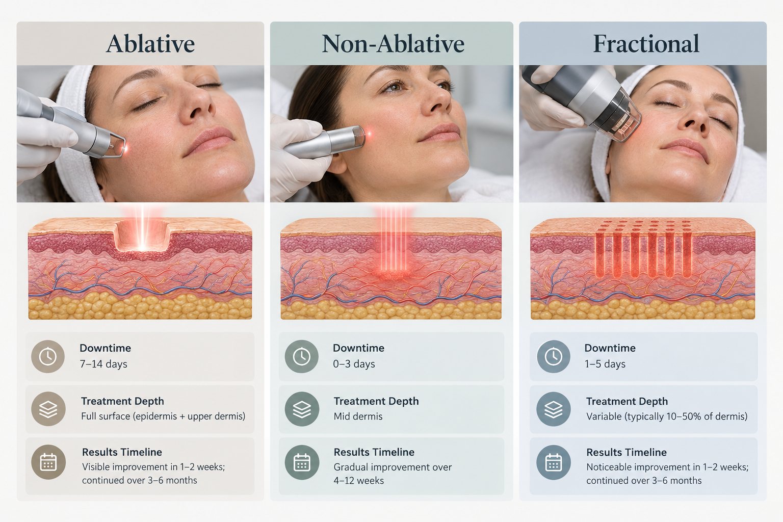 Comparison chart of ablative, non-ablative and fractional laser skin resurfacing types