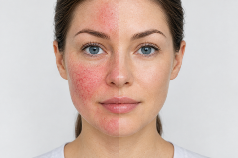 Illustration of facial rosacea redness and telangiectasia before and after laser treatment