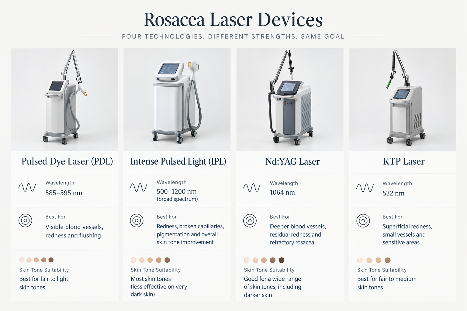 Comparison infographic of PDL, IPL, Nd:YAG and KTP laser devices for rosacea treatment