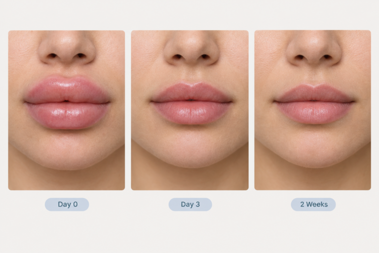 Lip filler recovery stages illustration showing swelling timeline after injections