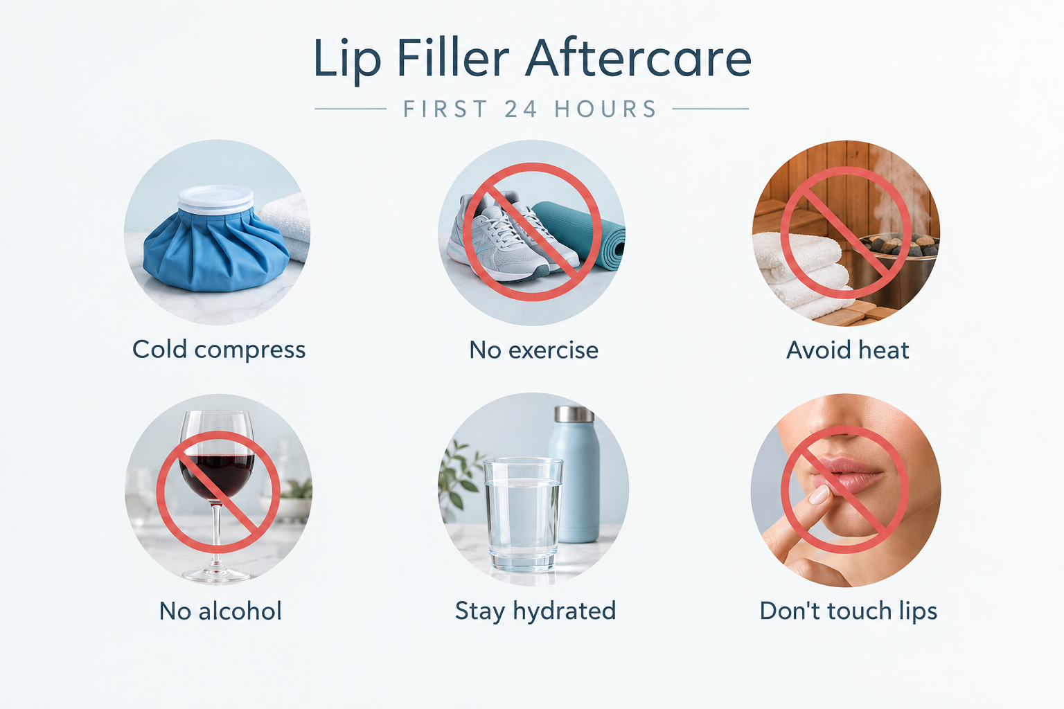 Infographic of six lip filler aftercare steps for the first 24 hours after injections