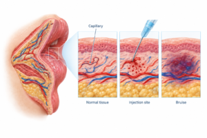 Illustration of lip tissue cross-section showing blood vessels and bruising mechanism after filler