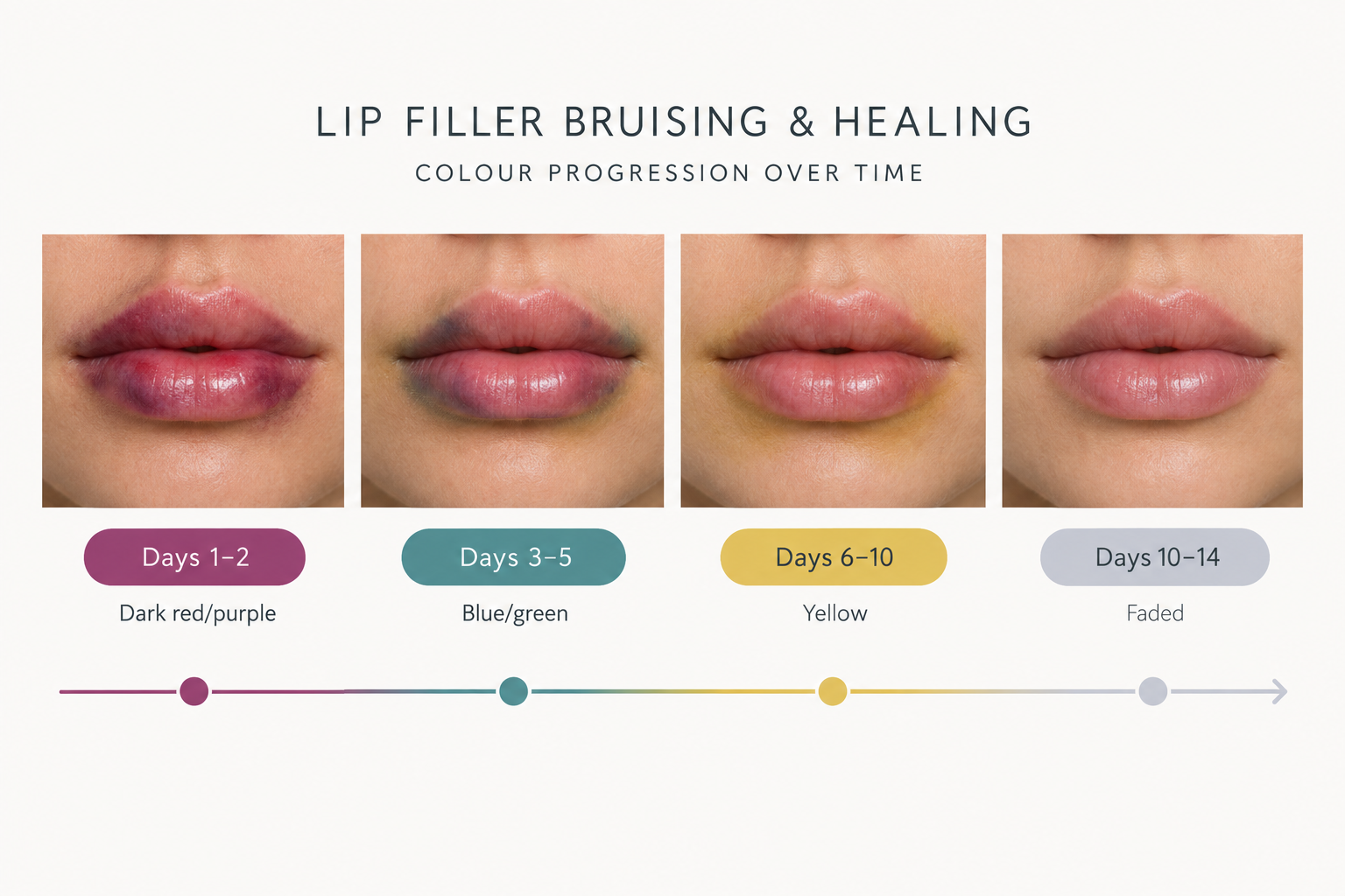 Timeline infographic showing lip filler bruising colour stages from day one to fourteen days